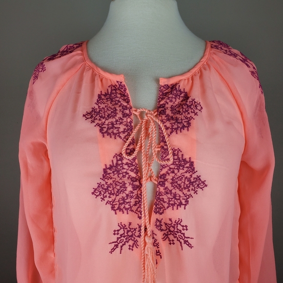 Pink Chiffon Embroidered Tie Front Top - Picture 3 of 5